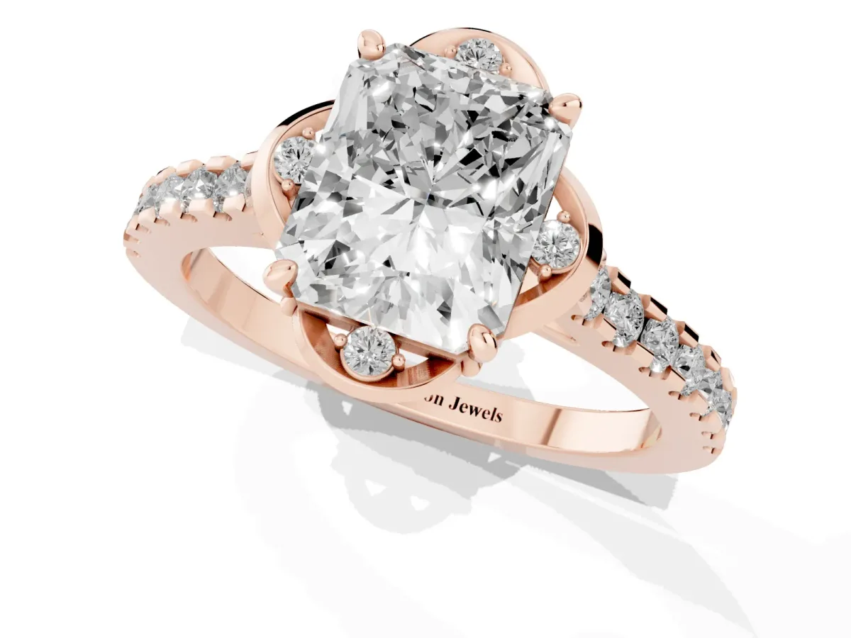 Radiant Cut Diamond Ring with Pavé Band and Floral Prong Setting Rose gold