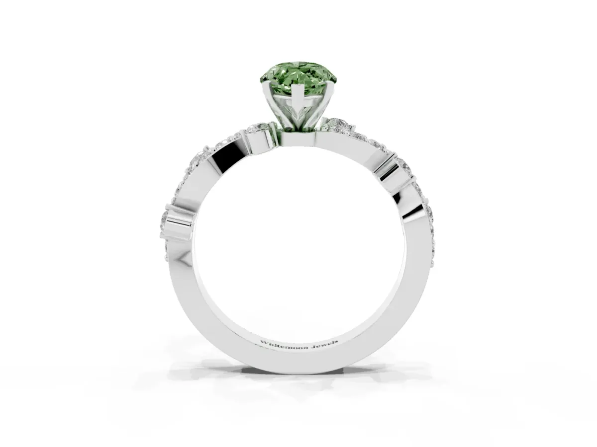Fancy Green Marquise Cut Cut Solitaire Diamond Twisted Band with Pave Setting Silver
