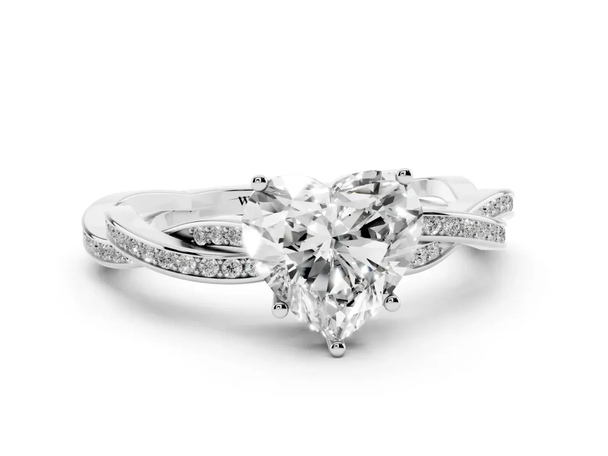 Heart Cut Solitaire Twisted Pave Diamond Ring with Four-Prong Setting Platinum
