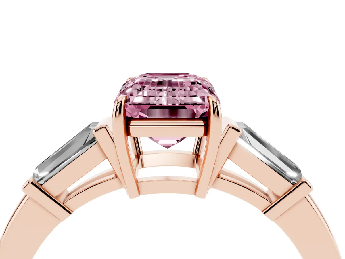 Fancy Pink Emerald Cut Diamond Three-Stone Ring with Tapered Baguette Side Stones and Prong Setting Rose gold
