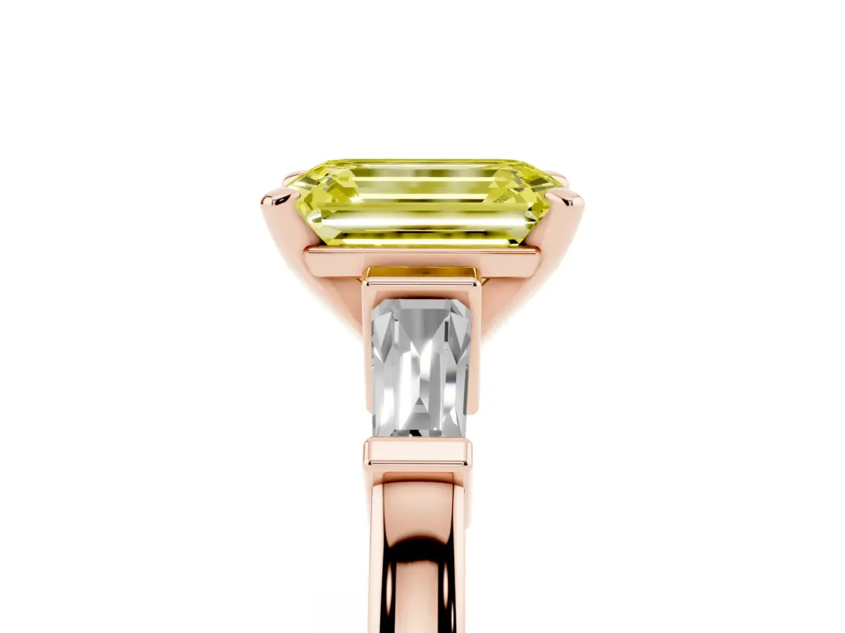 Fancy Yellow Emerald Cut Cut Diamond Solitaire Ring with Tapered Baguette Accents and Four-Prong Setting Rose gold