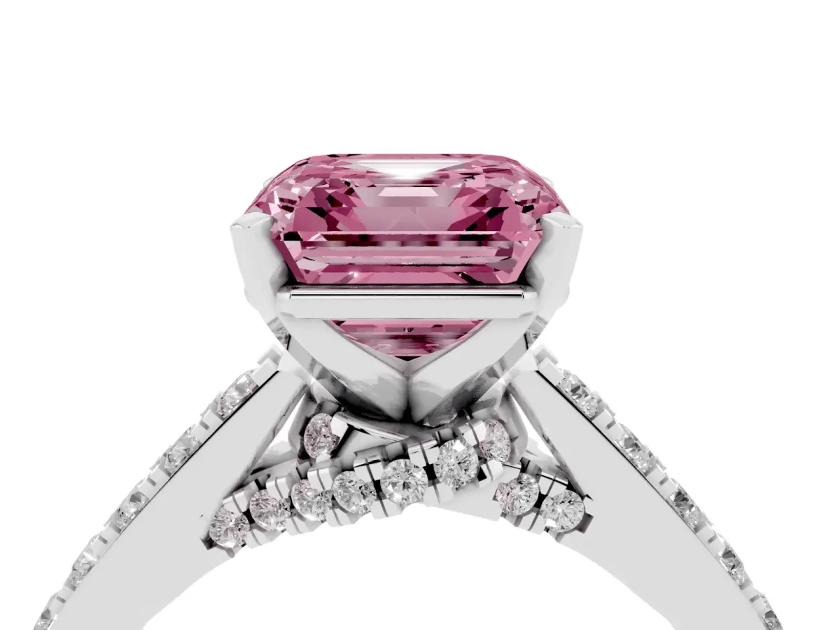 Fancy Pink Asscher Cut Diamond Solitaire Ring with Crossover Gallery and Round Pavé Band Platinum