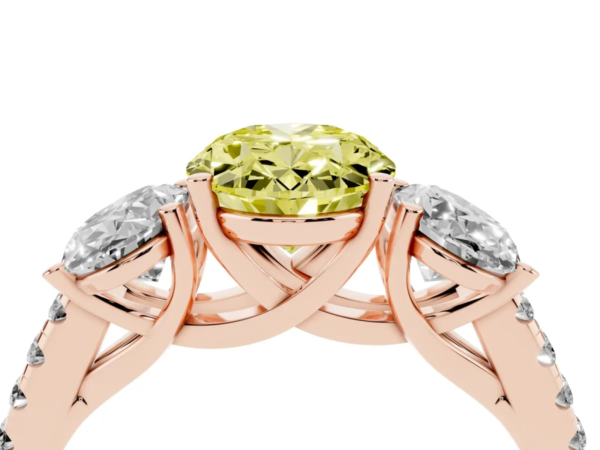 Fancy Yellow Three-Stone Oval Cut Diamond Ring with Round Pavé Band and Prong Setting Rose gold