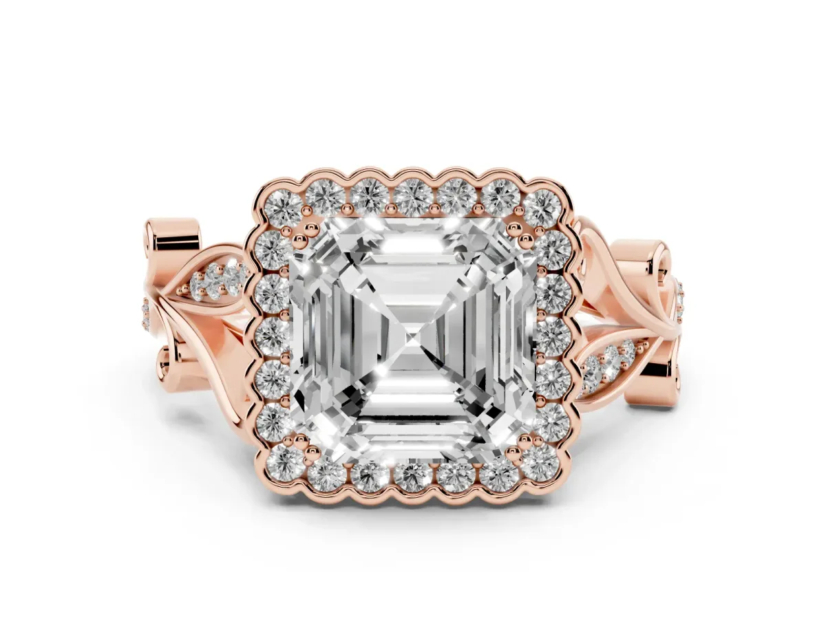 Asscher Cut Diamond Halo Ring with Vintage Split Shank and Four-Prong Setting Rose gold