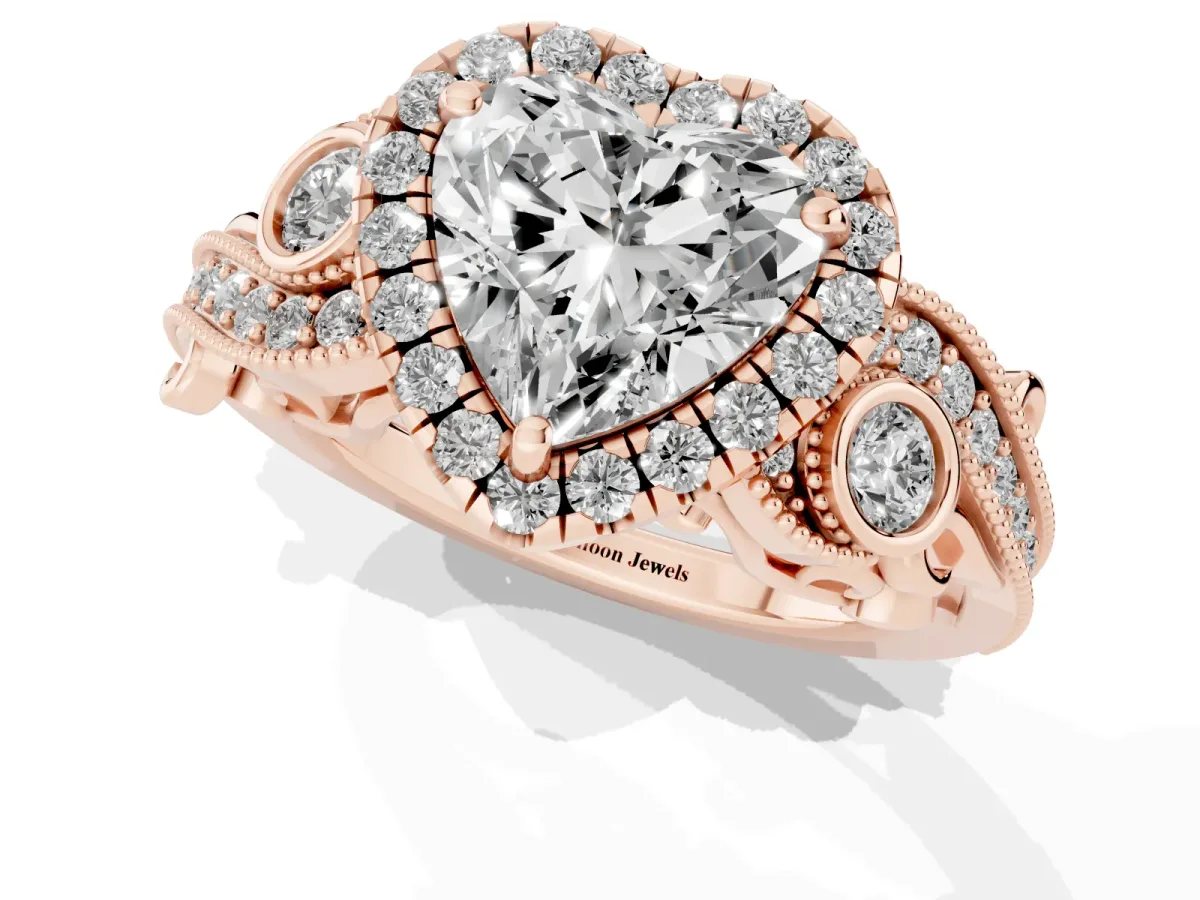 Heart Cut Diamond Halo Ring with Milgrain Pavé Band and Four-Prong Setting Rose gold