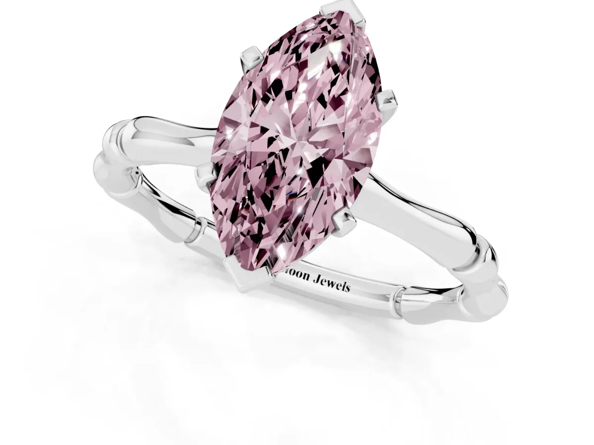 Fancy Pink Marquise Cut Solitaire Diamond Ring with Bamboo Band and Four-Prong Setting Silver
