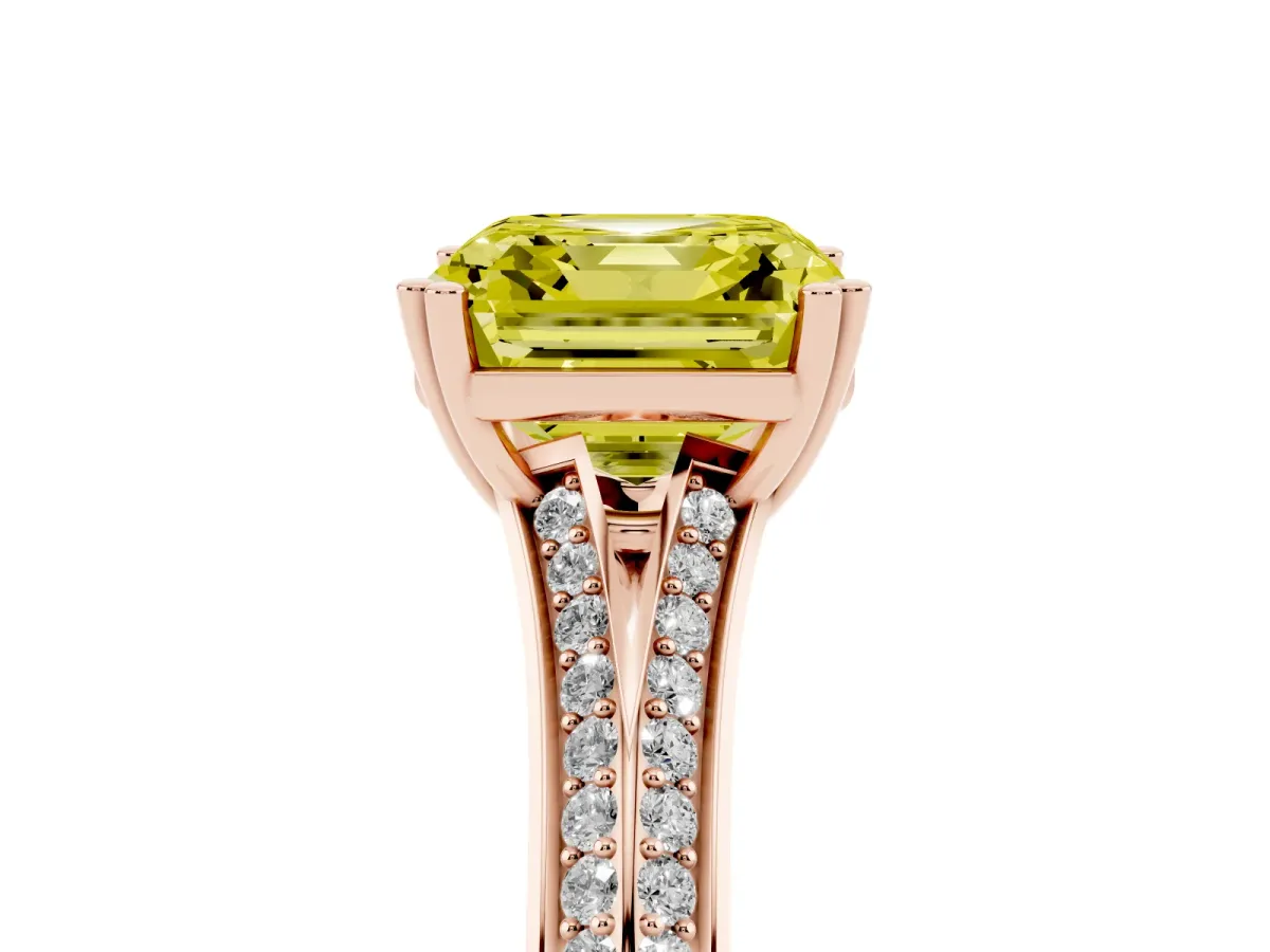 Fancy Yellow Asscher Cut Diamond Split Shank Engagement Ring with Pavé Band Rose gold