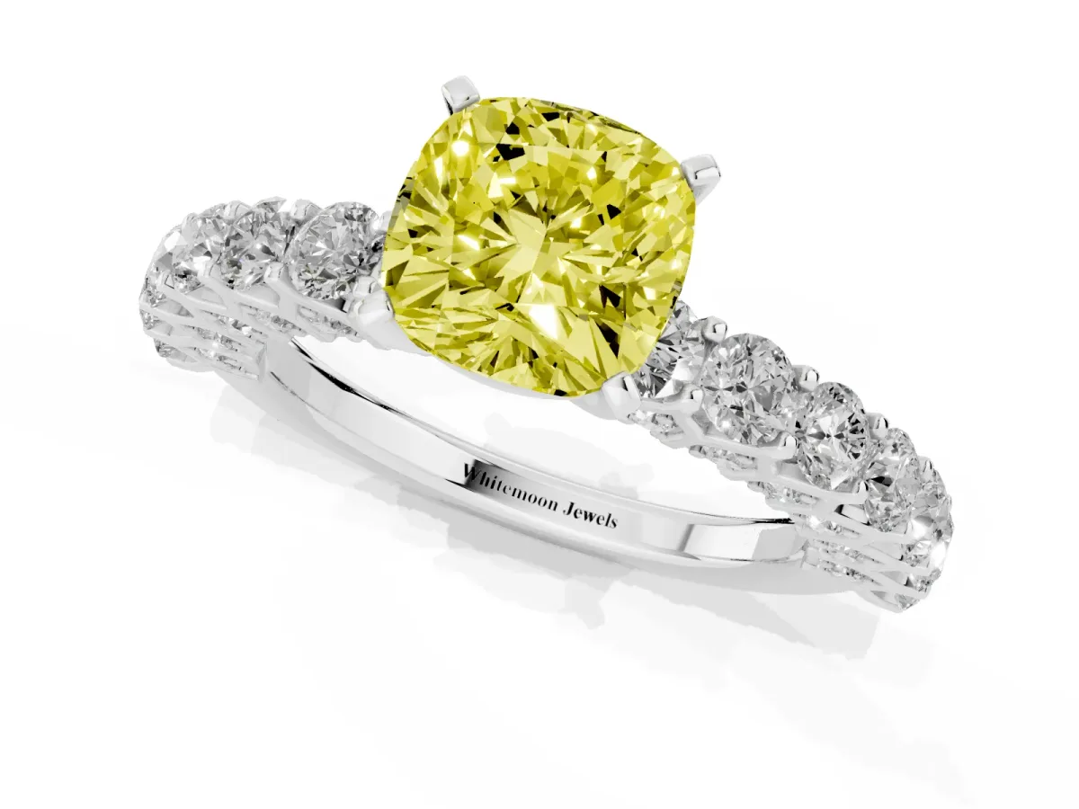 Fancy Yellow Cushion Cut Diamond Solitaire Ring with Shared Prong Pavé Band and Four-Prong Setting Silver