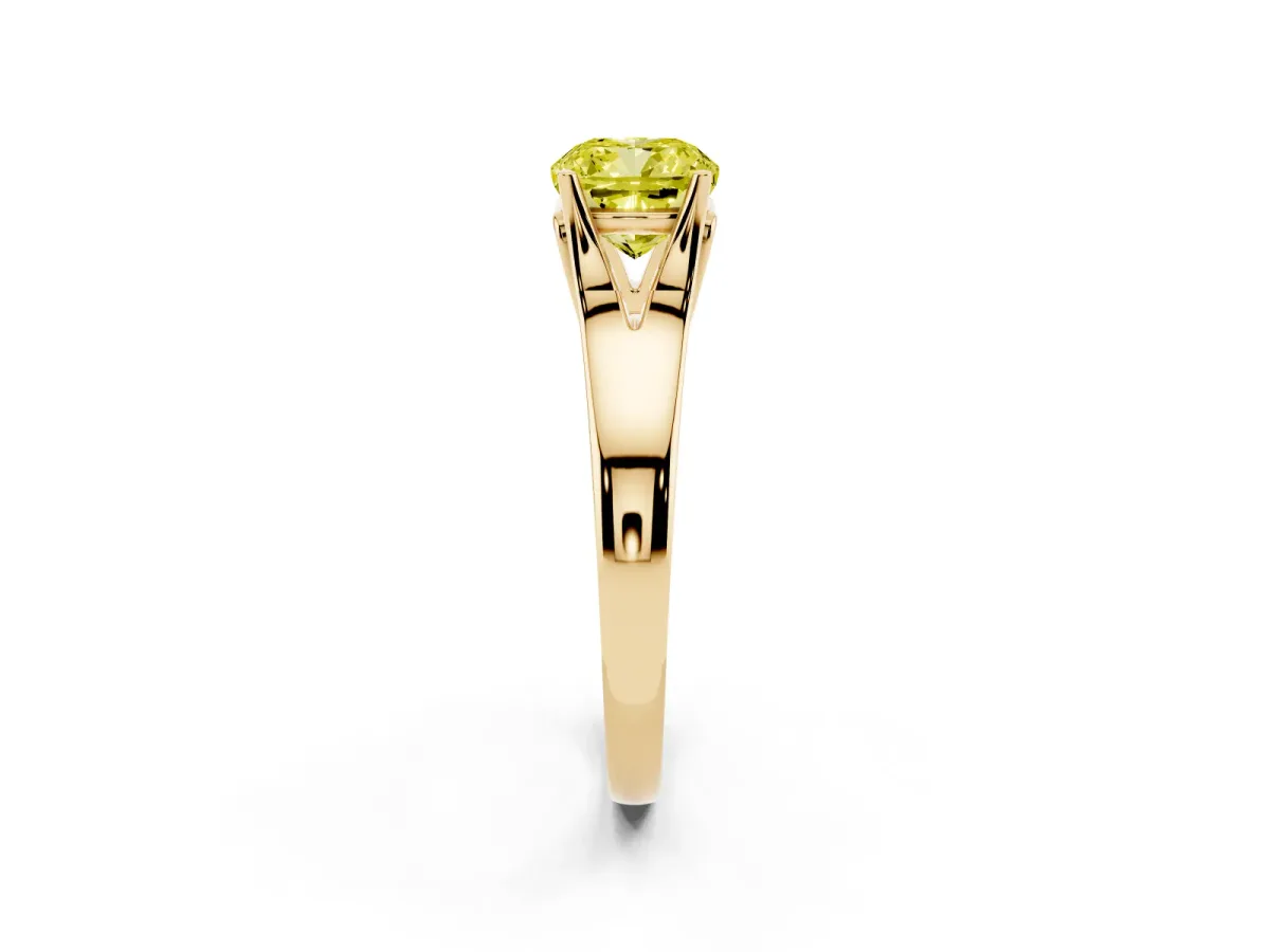 Fancy Yellow Cushion Cut Solitaire Diamond Ring with Cathedral Band and Four-Prong Setting Yellow gold