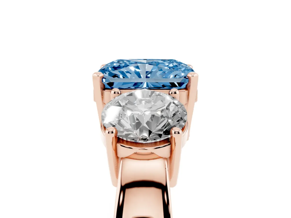 Fancy Blue Three-Stone Radiant Cut Diamond Ring with Round Side Stones, Classic Band, and Four-Prong Setting Rose gold