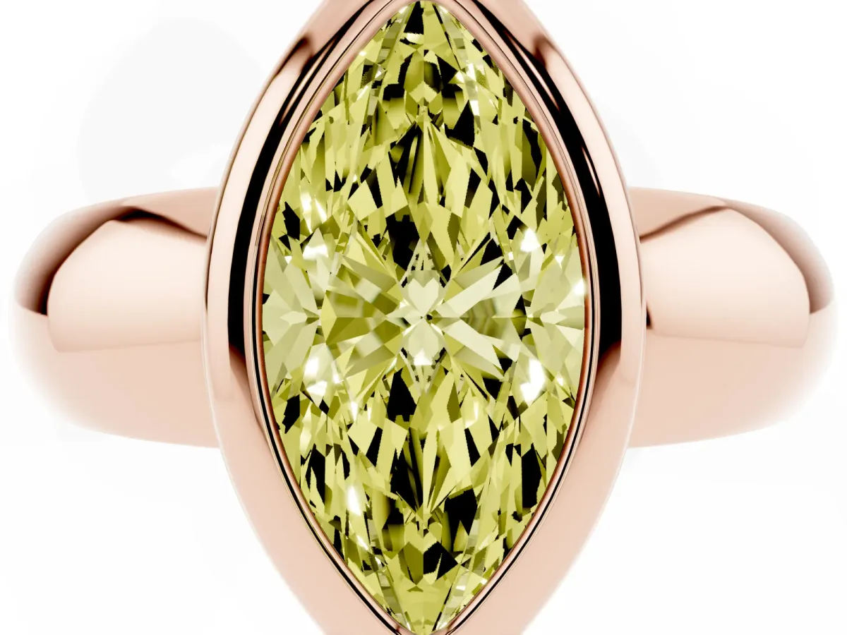 Fancy Yellow Bezel Set Marquise Cut Solitaire Ring with Wide Band Rose gold