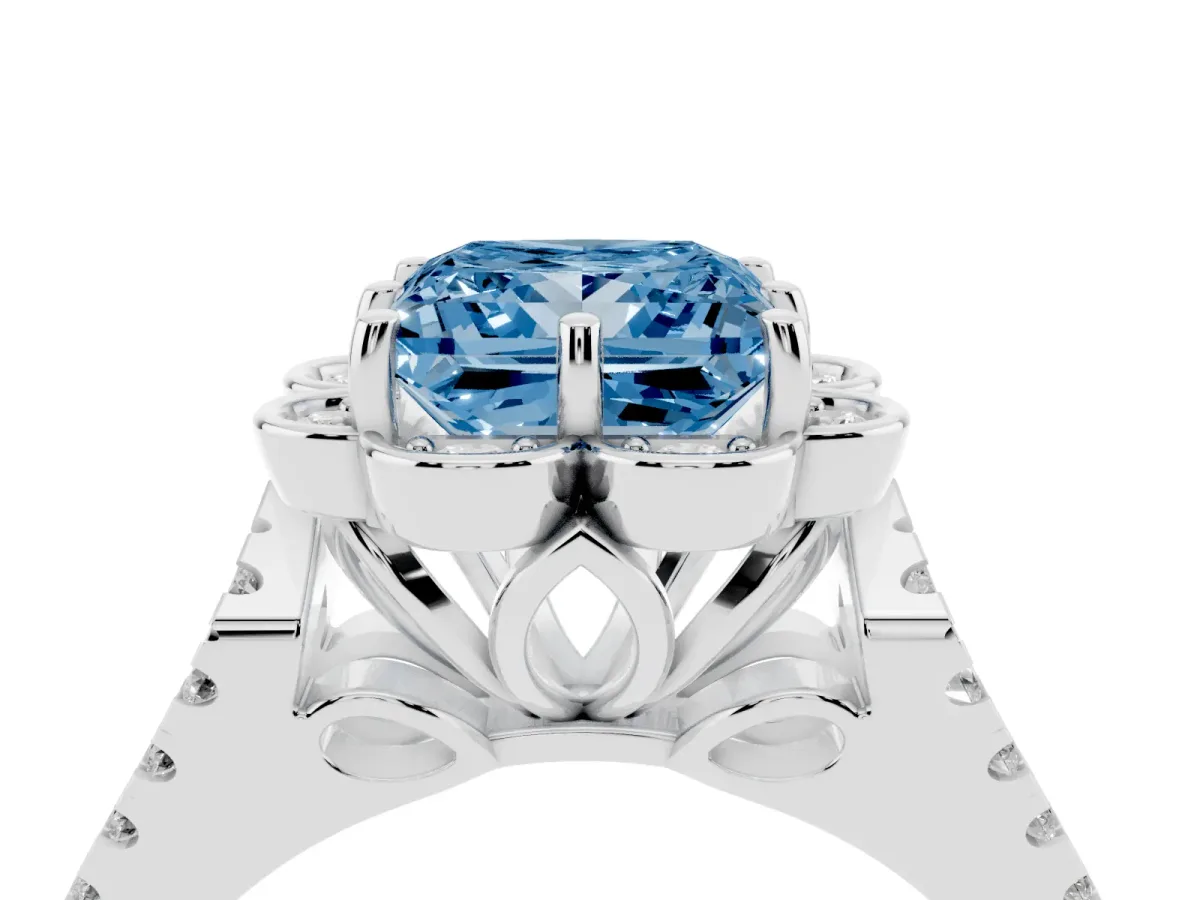 Fancy Blue Princess Cut Halo Diamond Floral Split Shank Engagement Ring Silver