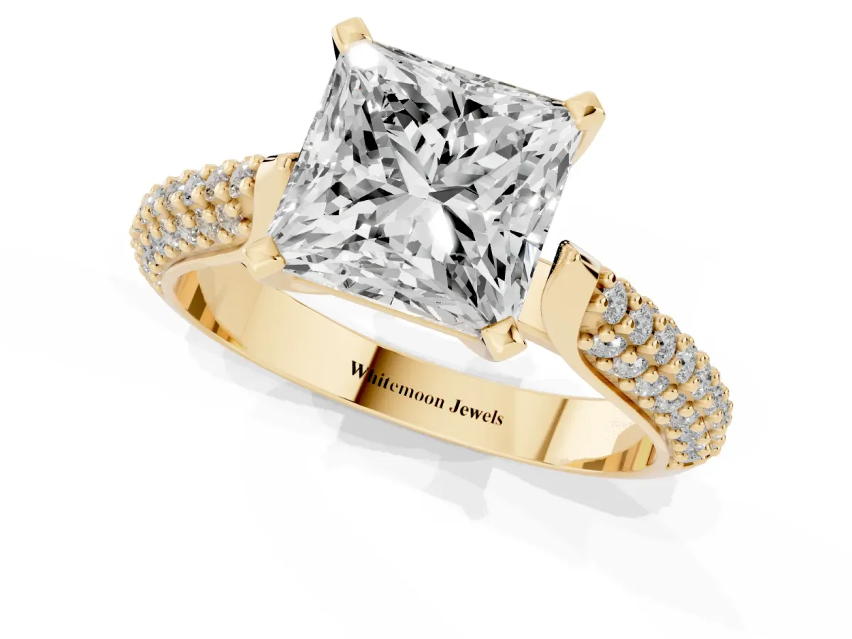 Princess Cut Diamond Solitaire Engagement Ring with Multi-Row Round Pavé Band and Prong Setting Yellow gold