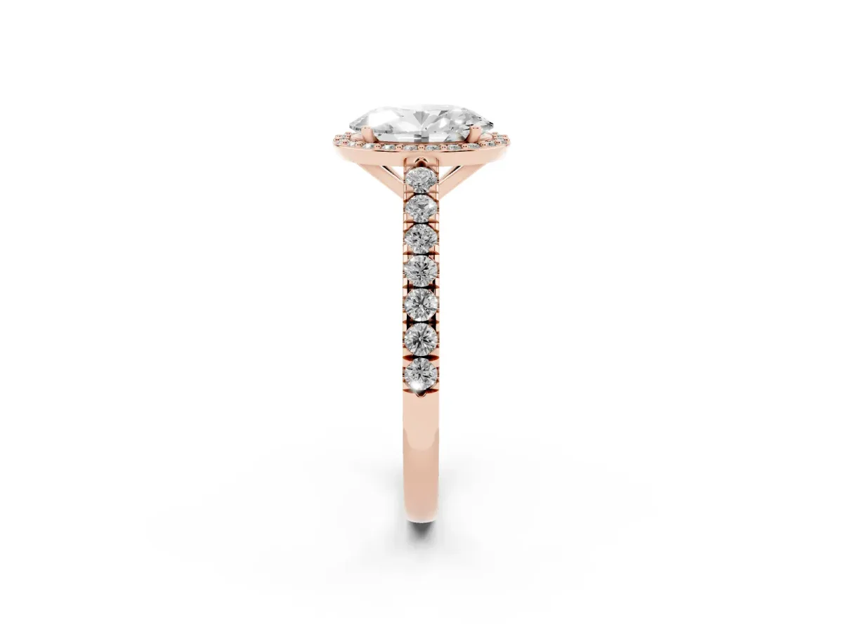 Oval Cut Cut Halo Diamond Engagement Ring with Pave Band and Four-Prong Setting Rose gold