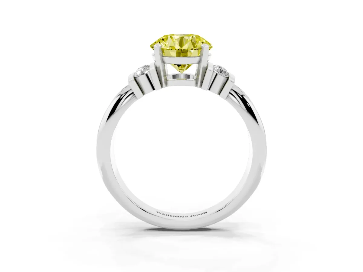 Fancy Yellow Round Cut Cut Three-Stone Channel Set Ring with Bar Prongs Silver