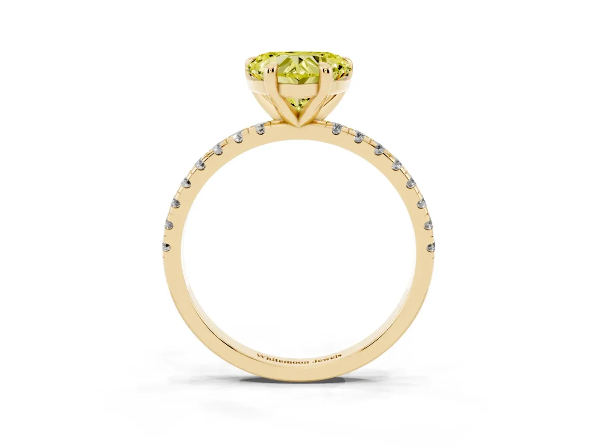 Fancy Yellow Heart Cut Diamond Brilliant Solitaire Ring with Pavé Band and Four-Prong Setting Yellow gold