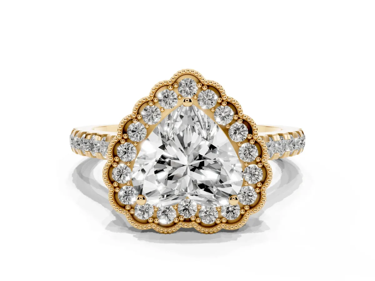 Heart Cut Cut Diamond Milgrain Floral Halo Engagement Ring with Pavé Band Yellow gold