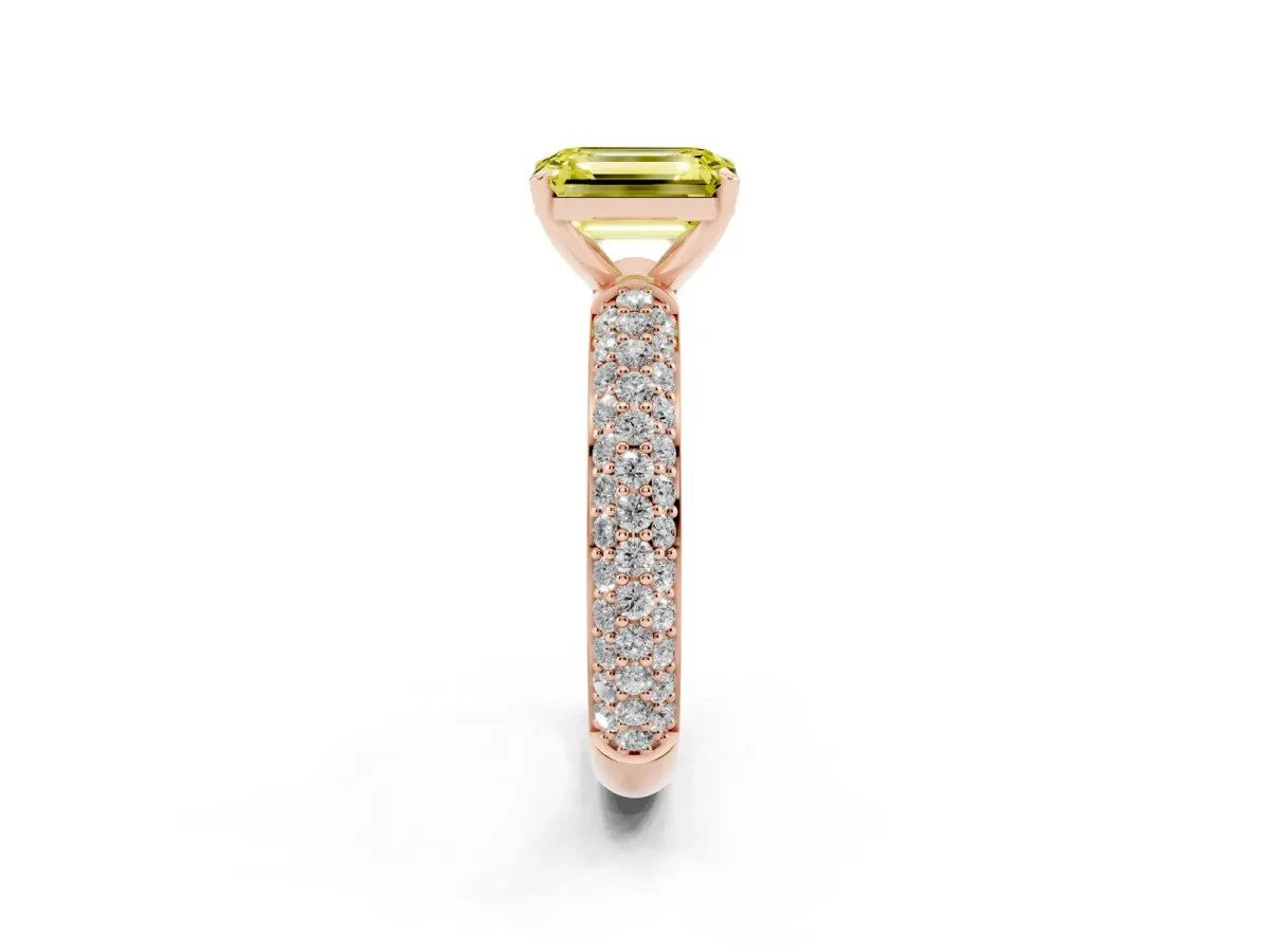 Fancy Yellow Emerald Cut Diamond Solitaire Ring with Prong Setting and Pavé Band Rose gold