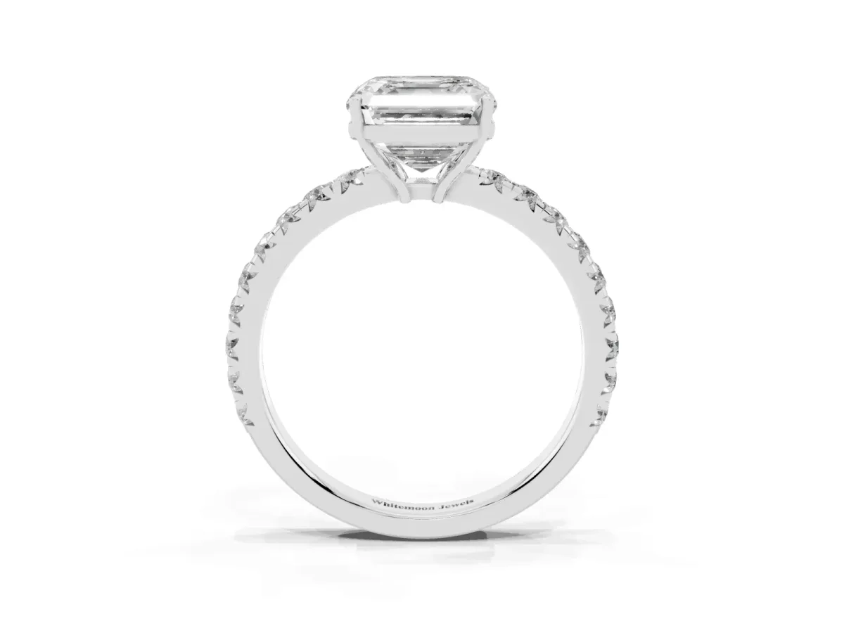 Asscher Cut Diamond Pavé Solitaire Engagement Ring with Four-Prong Setting Silver