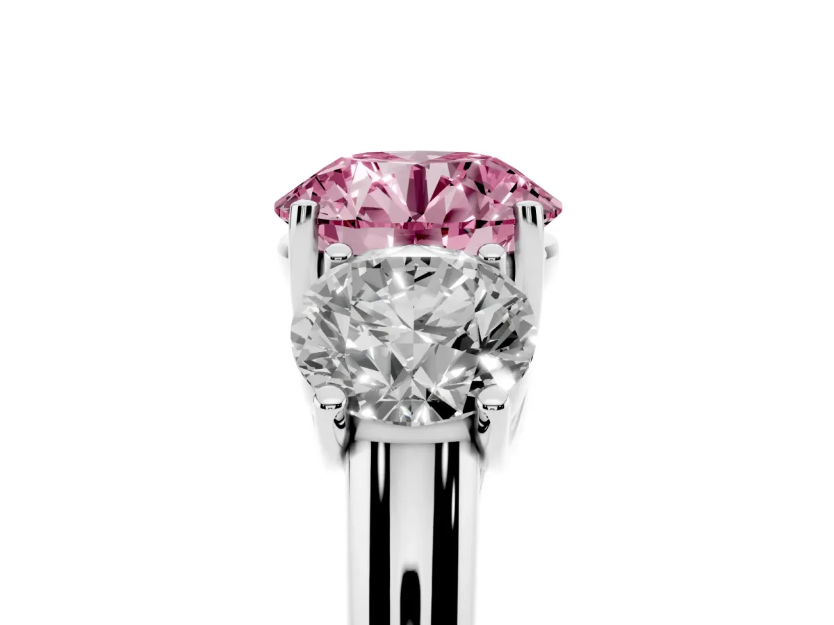 Fancy Pink Three-Stone Round Cut Diamond Engagement Ring with Prong Setting Silver
