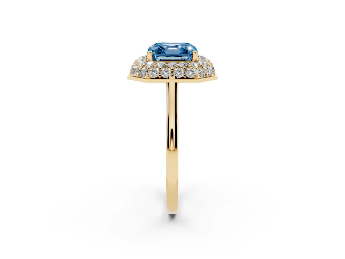 Fancy Blue Asscher Cut Halo Diamond Engagement Ring with Solitaire Band and Four-Prong Setting Yellow gold