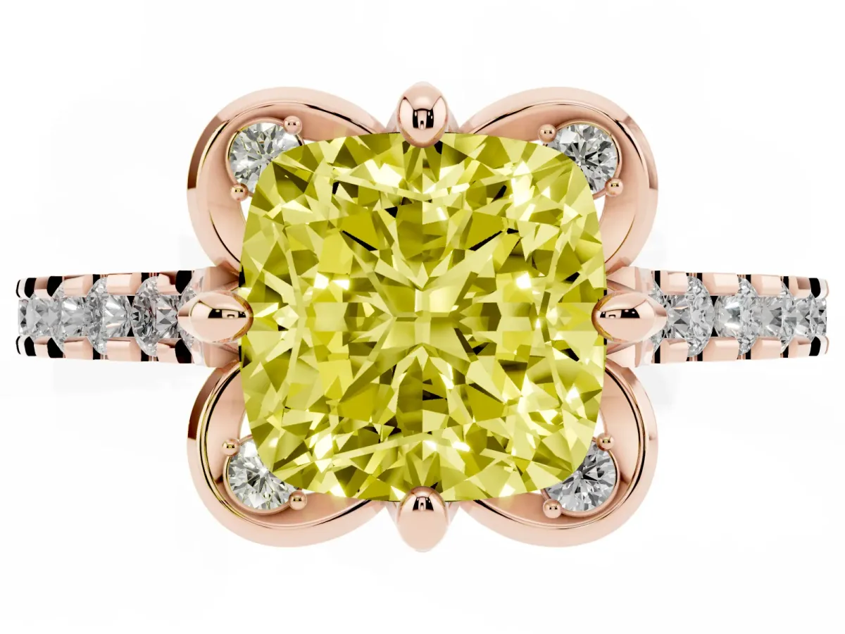 Fancy Yellow Cushion Cut Diamond Ring with Pavé Band and Floral Prong Setting Rose gold