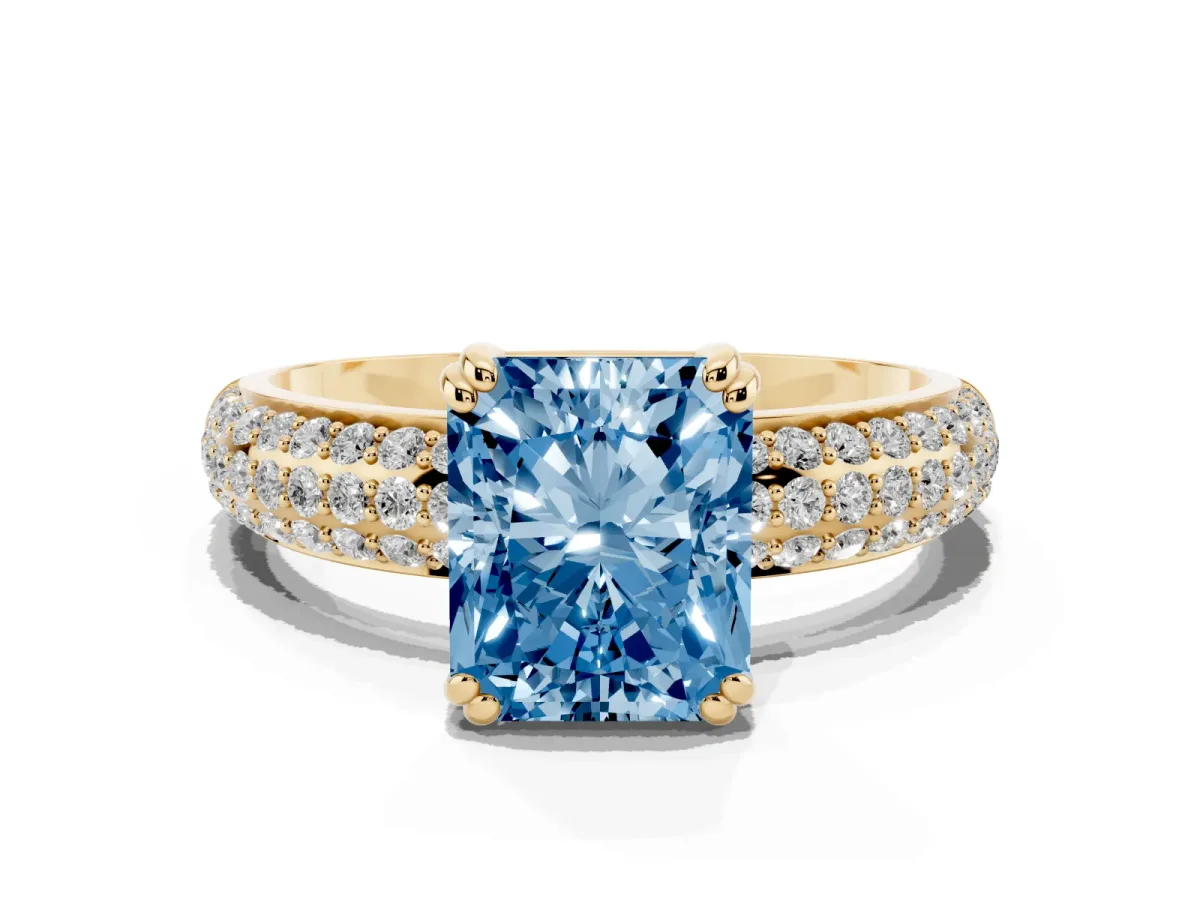 Fancy Blue Radiant Cut Diamond Solitaire Ring with Multi-Row Round Pavé Band and Prong Setting Yellow gold