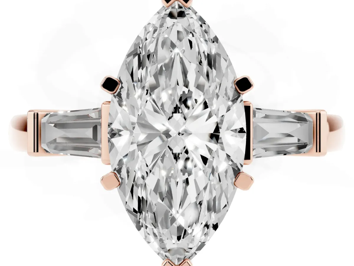 Marquise Cut Cut Diamond Solitaire Ring with Tapered Baguette Accents and Four-Prong Setting Rose gold