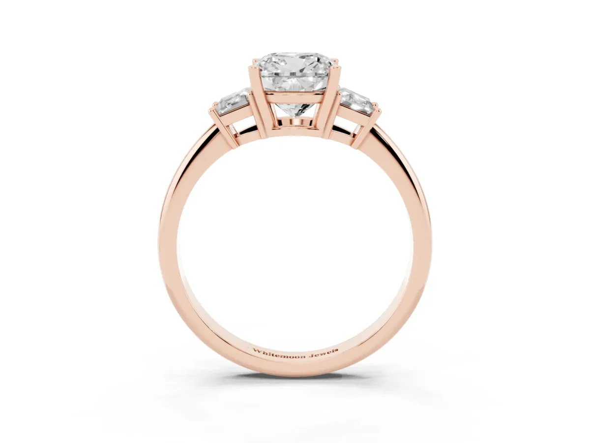 Cushion Cut Diamond Three-Stone Ring with Trapezoid Side Stones and Prong Setting Rose gold