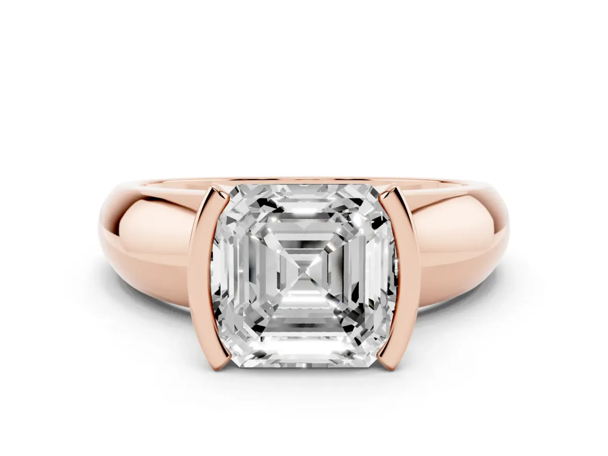 Asscher Cut Solitaire Tension Set Diamond Ring with Wide Band Rose gold