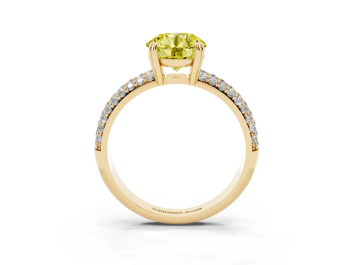 Fancy Yellow Round Cut Diamond Solitaire Ring with Multi-Row Round Pavé Band and Prong Setting Yellow gold