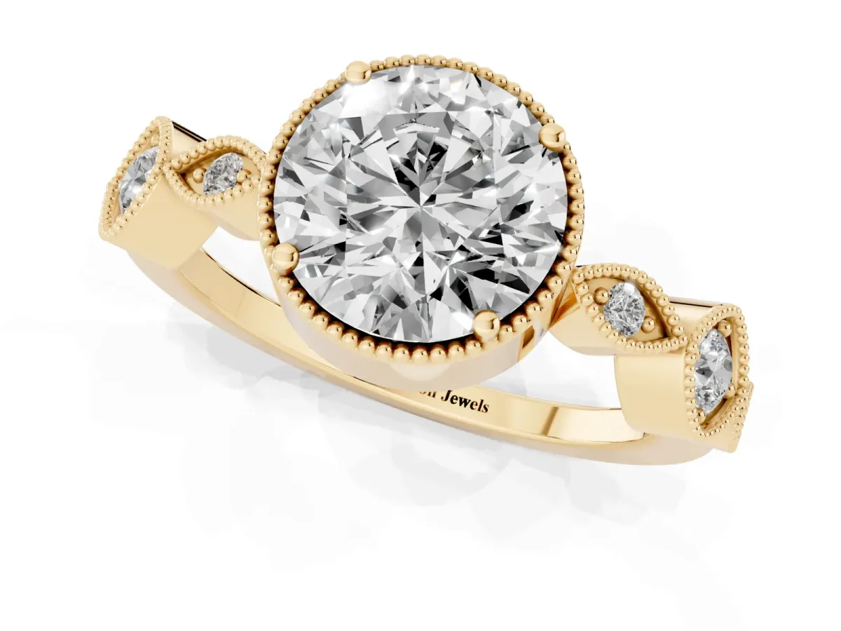 Round Cut Diamond Vintage Milgrain Ring with Round Stations Yellow gold