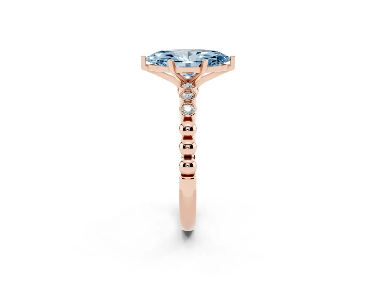 Fancy Blue Marquise Cut Solitaire Bezel Accent Diamond Engagement Ring with Beaded Band and Four-Prong Setting Rose gold