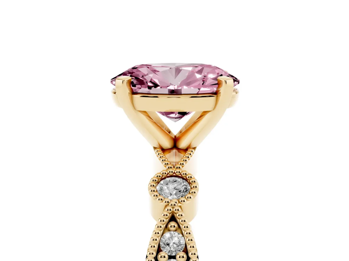 Fancy Pink Oval Cut Milgrain Bezel Diamond Engagement Ring with Solitaire Prong Setting Yellow gold