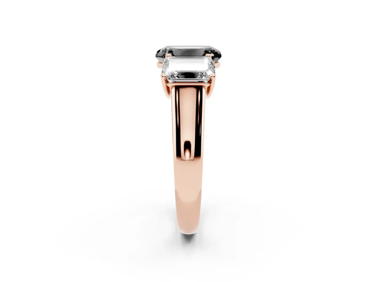 Fancy Black Emerald Cut Three-Stone Diamond Ring with Prong Setting on a Classic Band Rose gold