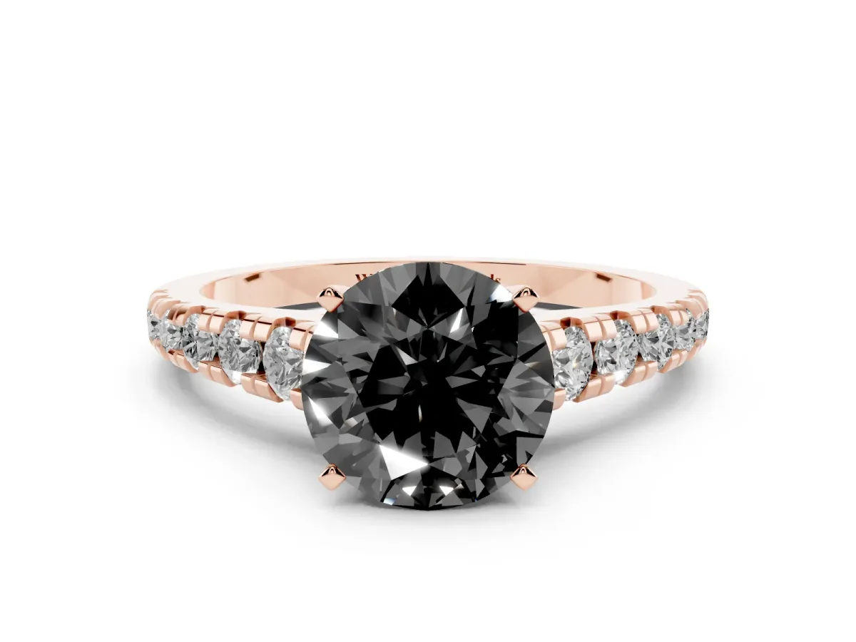 Fancy Black Round Cut Diamond Cathedral Solitaire Ring with Round Pavé Band Rose gold