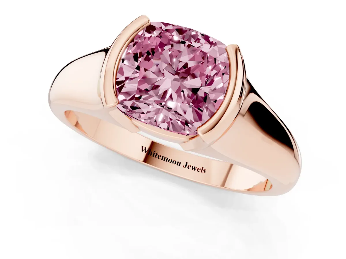 Fancy Pink Cushion Cut Solitaire Tension Set Diamond Ring with Split Shank Band Rose gold