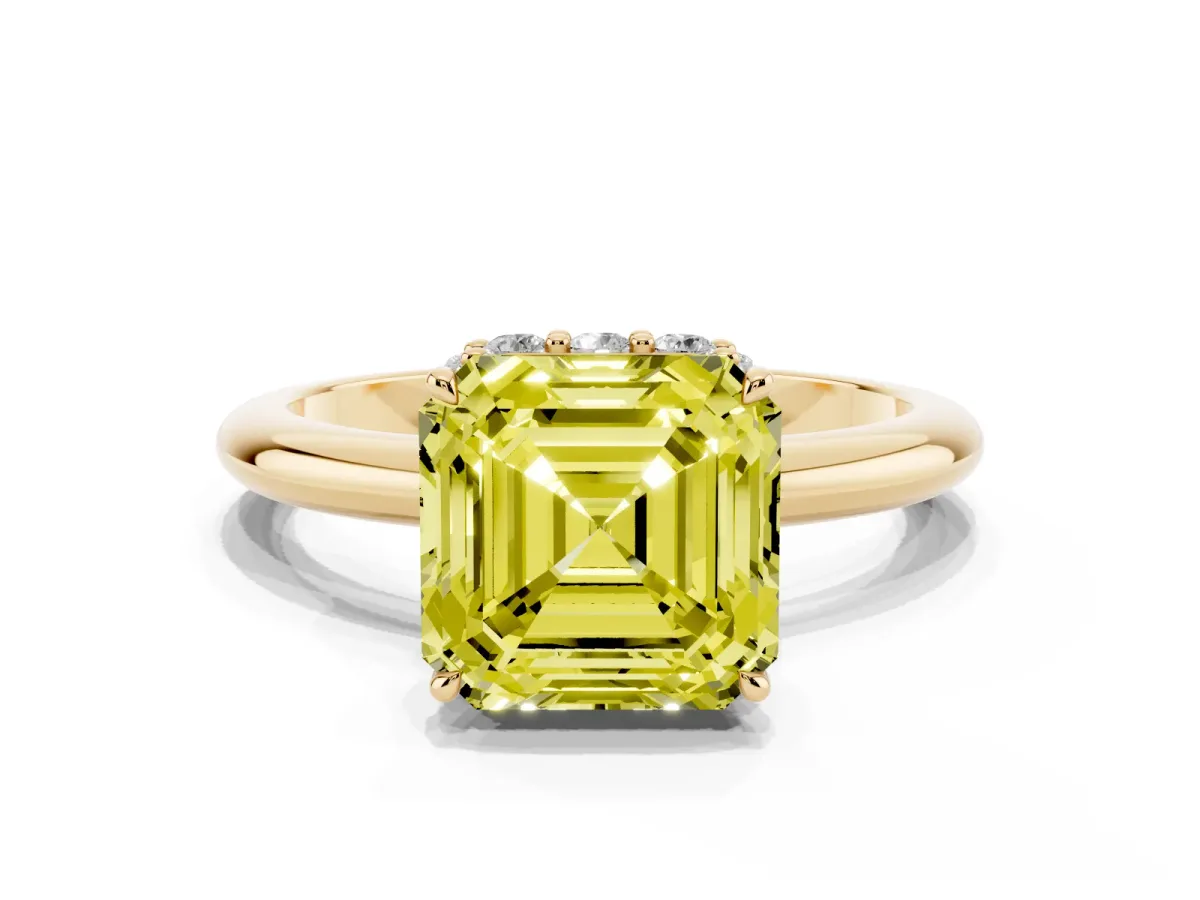 Fancy Yellow Asscher Cut Brilliant Solitaire Engagement Ring with Six-Prong Setting and Classic Band Yellow gold
