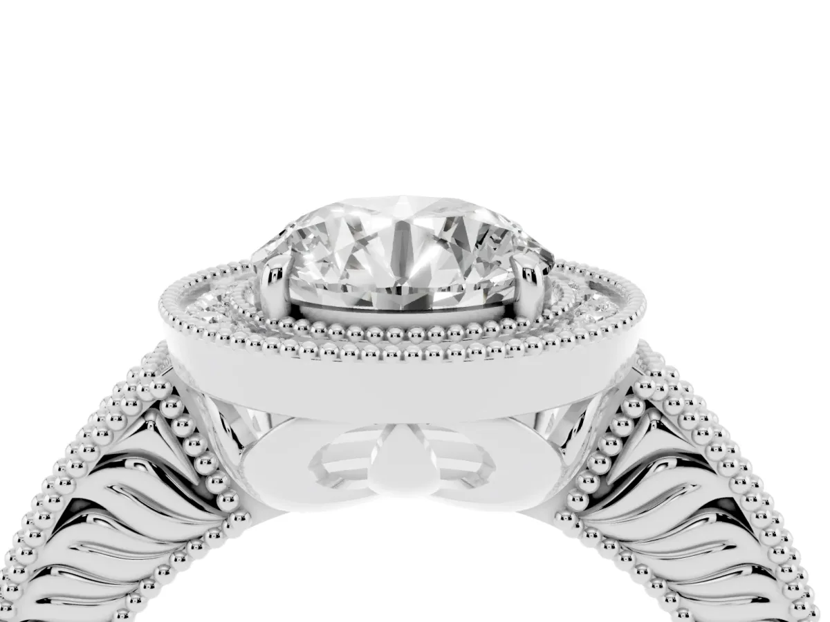 Round Cut Cut Halo Diamond Ring with Pavé Band and Four-Prong Setting Silver