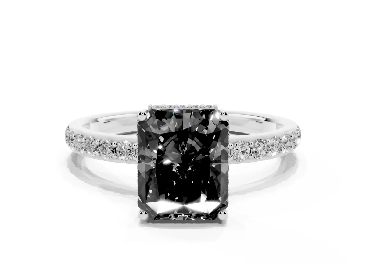 Fancy Black Radiant Cut Diamond Solitaire Ring with Pavé Band and Hidden Halo White gold