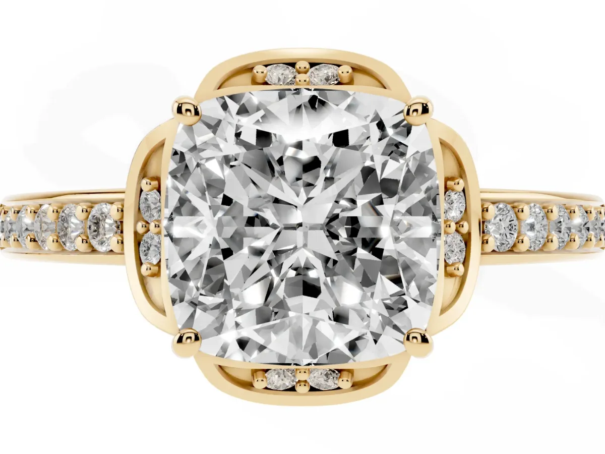 Cushion Cut Cut Halo Diamond Ring with Channel Set Band and Four-Prong Setting Yellow gold