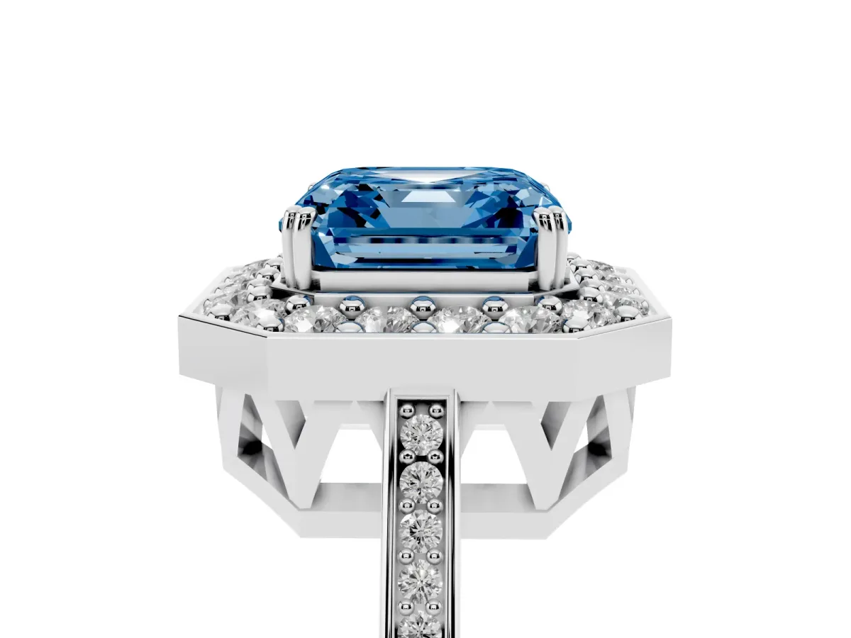 Fancy Blue Asscher Cut Diamond Halo Ring with Split Shank and Four-Prong Setting Platinum