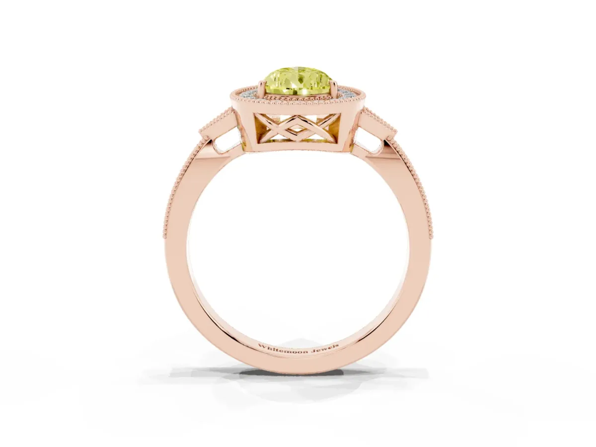 Fancy Yellow Pear Cut Halo Round Diamond Milgrain Pave Engagement Ring Rose gold