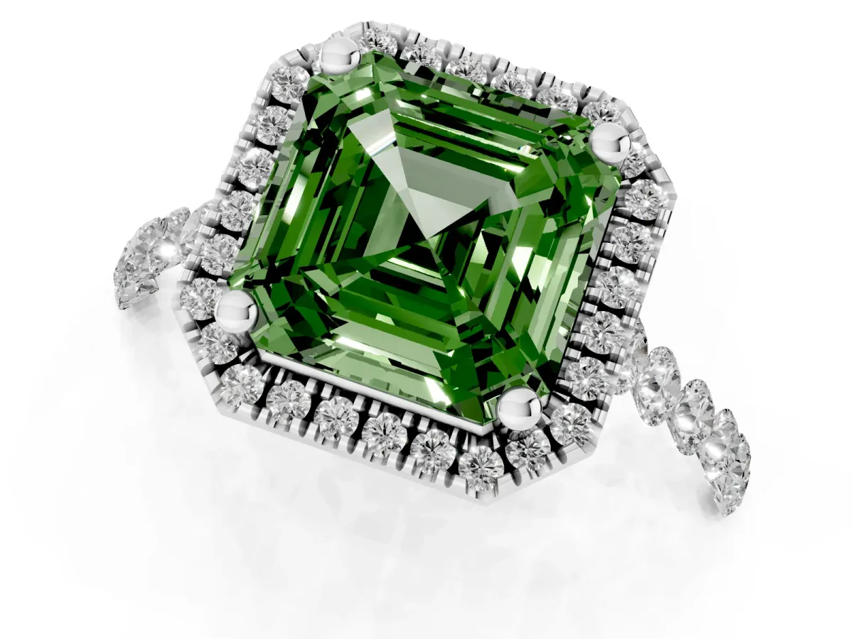 Fancy Green Asscher Cut Halo Pavé Diamond Engagement Ring with Four-Prong Setting Platinum