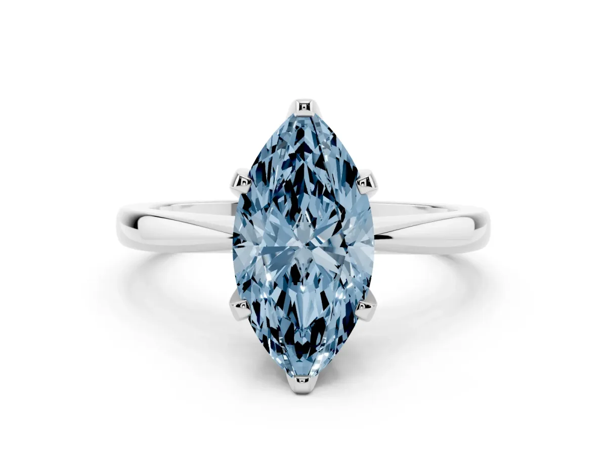Fancy Blue Marquise Cut Solitaire Engagement Ring with Six-Prong Setting and Tapered Band Platinum