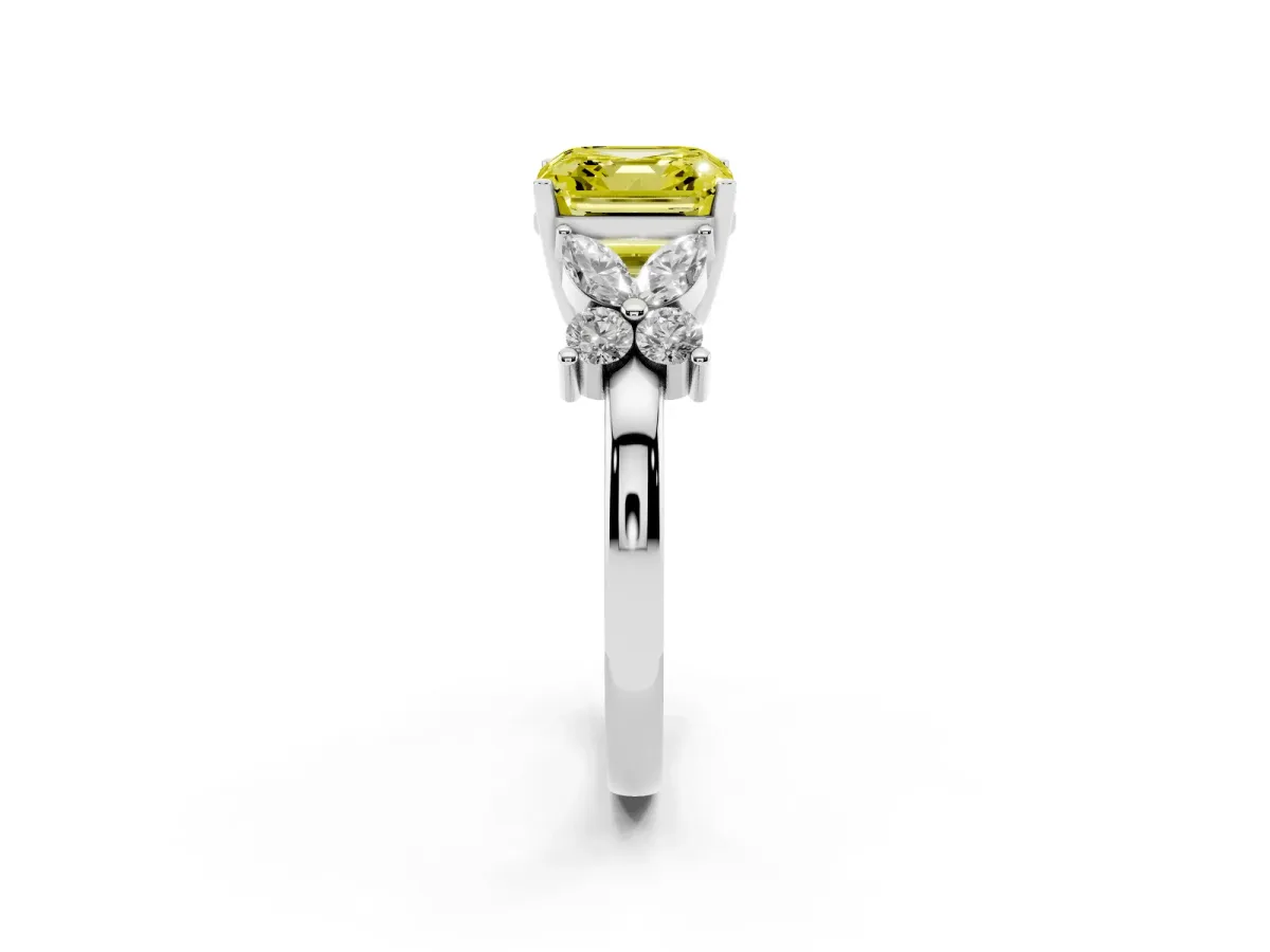 Fancy Yellow Asscher Cut Diamond Floral Cluster Ring with Solitaire Band and Prong Setting White gold