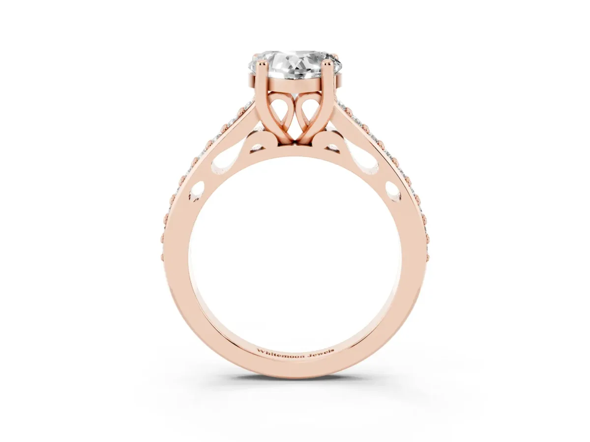 Heart Cut Solitaire Prong Set Diamond Engagement Ring with Pave Band Rose gold