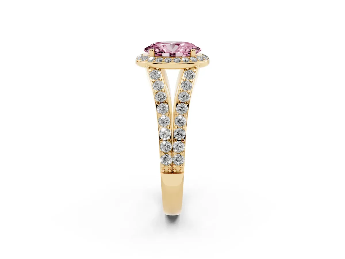Fancy Pink Oval Cut Diamond Split Shank Halo Ring with Four-Prong Setting Yellow gold