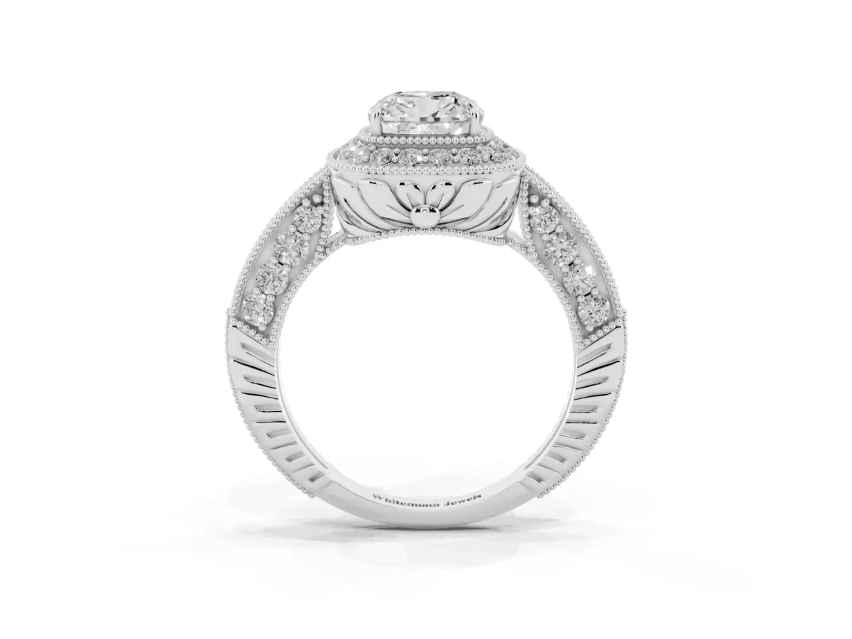 Cushion Cut Halo Diamond Split Shank Ring with Milgrain Detail Silver