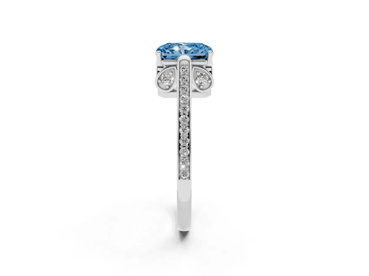 Fancy Blue Radiant Cut Cut Cathedral Pave Diamond Engagement Ring with Six-Prong Setting Silver